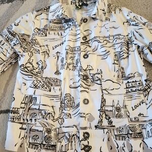 White and Black Graphic Button-Up 3/4 Sleeve Jacket